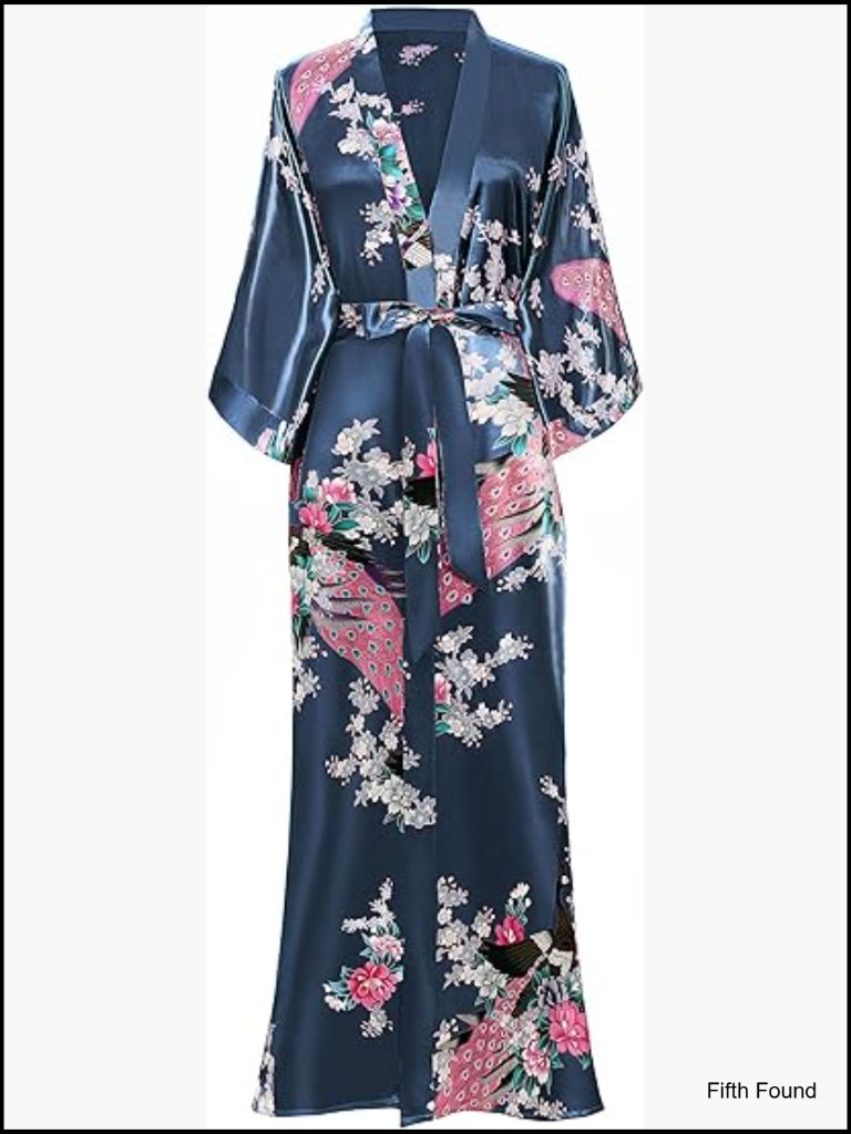Women's Long Satin Kimono Robe With Floral Print, Sash Tie, Pockets